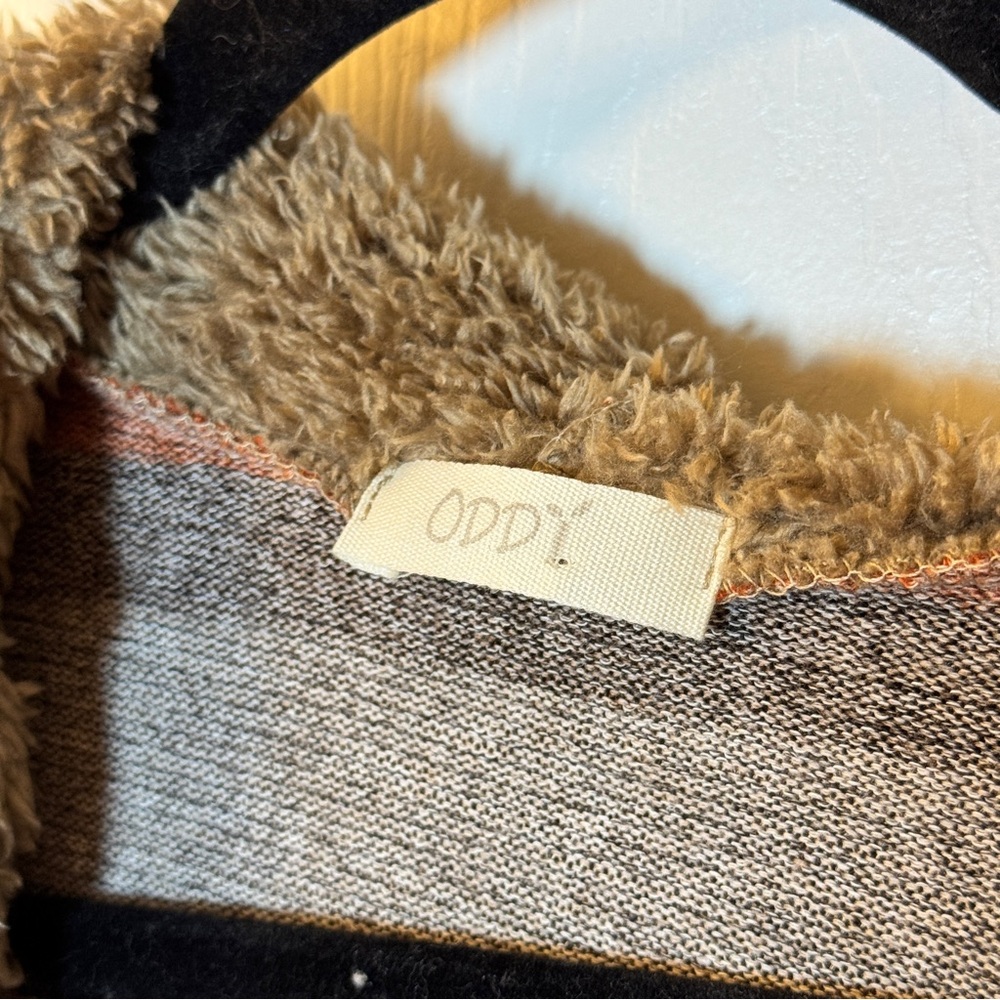ODDY Tan & Orange‎ Stripe Hooded Cardigan Sweater W/Furry Hood & Long Sleeves - Picture 3 of 6